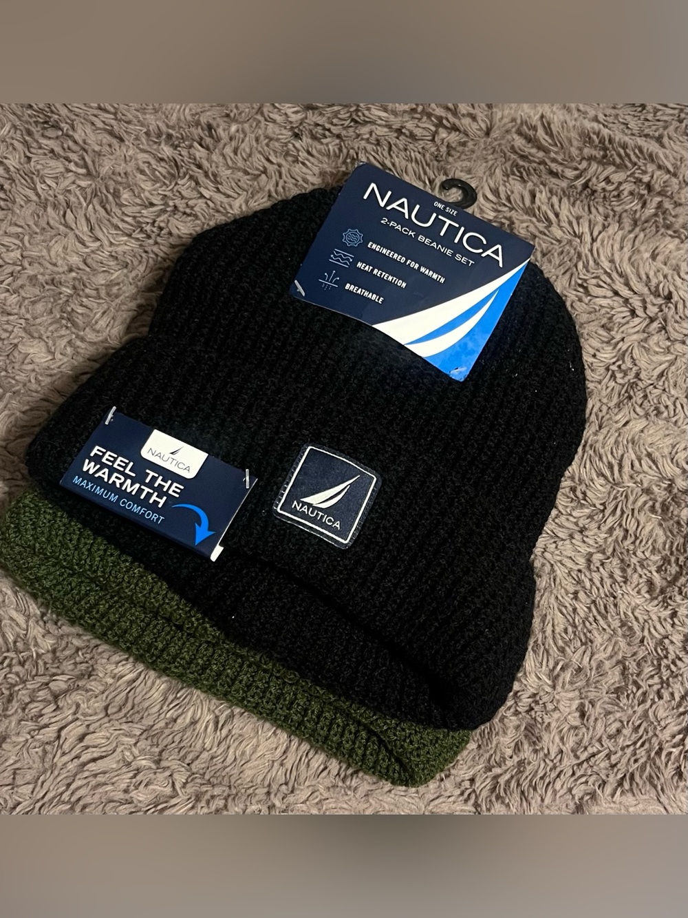 NWT Men’s Nautica Beanies ~ Green/Navy (2)
